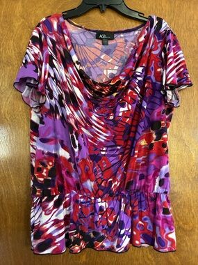 AGB Purple & Red Abstract Cowl-Neck Blouse